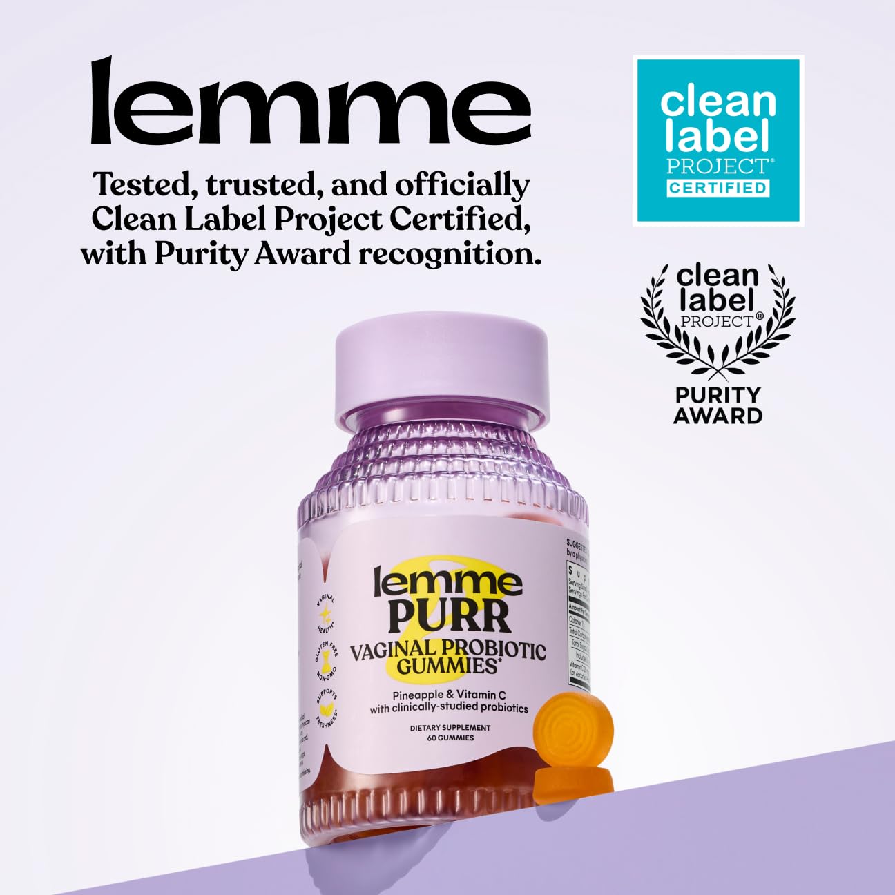 Lemme Purr Vaginal Probiotic Gummies for Women - Balanced pH, Healthy Odor, Yeast Balance & Flora Support + Vitamin C for Immune Health - Tasty Pineapple (60 Count)