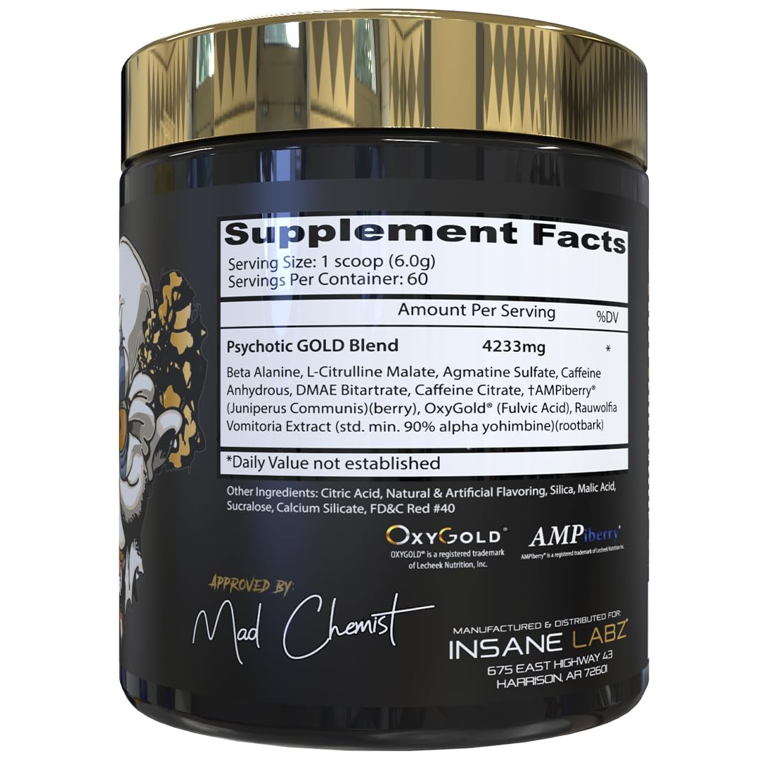 Insane Labz Psychotic Gold, High Stimulant Pre Workout Powder, Extreme Lasting Energy Focus, Pumps and Endurance with Beta Alanine, DMAE Bitartrate, NO Booster (35 Servings, Watermelon)