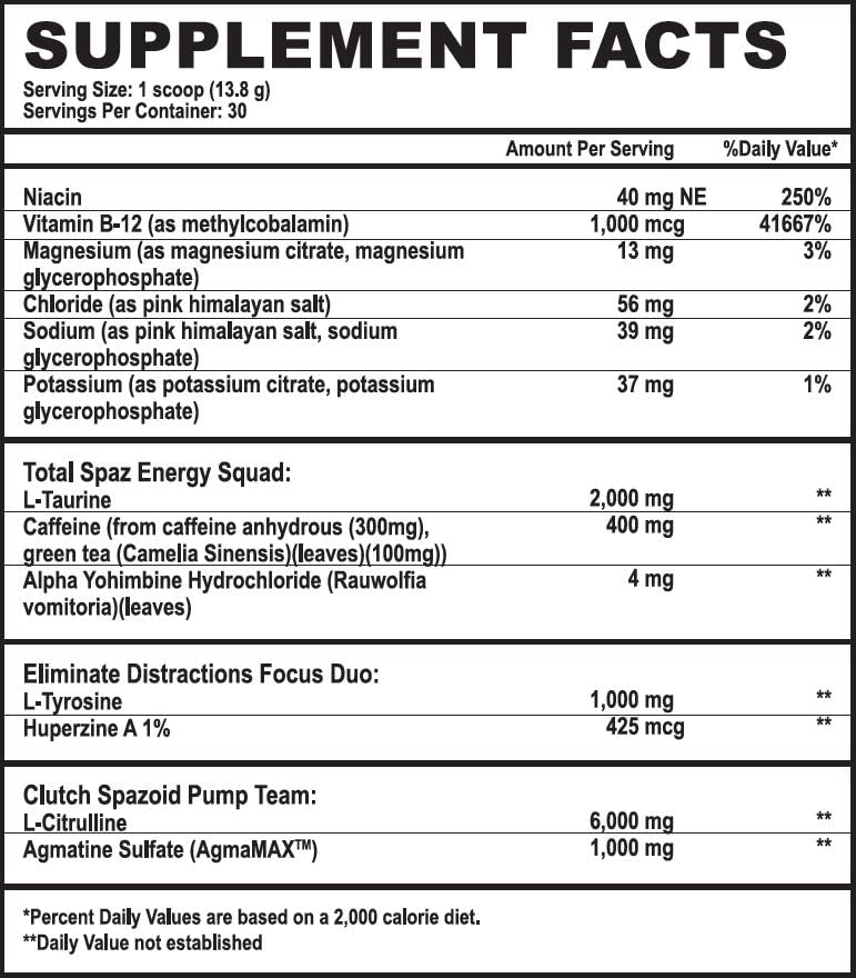 Spazmatic Pre-Workout Powder - 400mgs Caffeine - 6 Grams Pure Citrulline for Muscle Pumps- Fast Acting Focus - 30 Full Servings - All-In-1-Scoop Formula