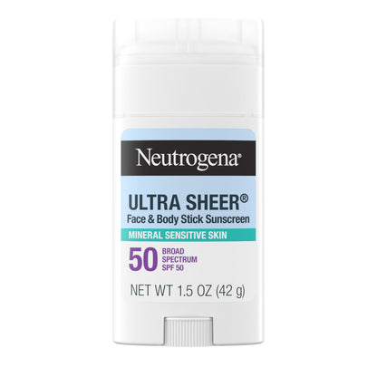 Neutrogena Ultra Sheer Dry Touch SPF 50 Mineral Sunscreen Stick for Sensitive Skin, Zinc Oxide, Body & Face Sunscreen Neutrogena
