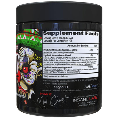 Insane Labz Psychotic Xtreme, High Stimulant Pre Workout Powder, Extreme Lasting Energy, Focus and Endurance with Beta Alanine, Panax Ginseng, Theobromine, DMAE (30 Servings, Fruit Punch)