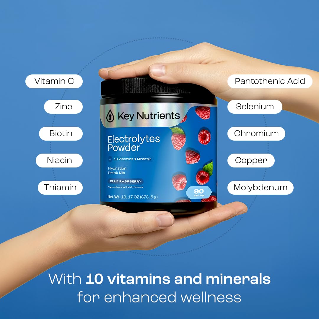 KEY NUTRIENTS Multivitamin Electrolytes Powder No Sugar - Sweet Blue Raspberry Electrolyte Powder - Endurance & Energy Supplement - Hydration Powder KEY NUTRIENTS