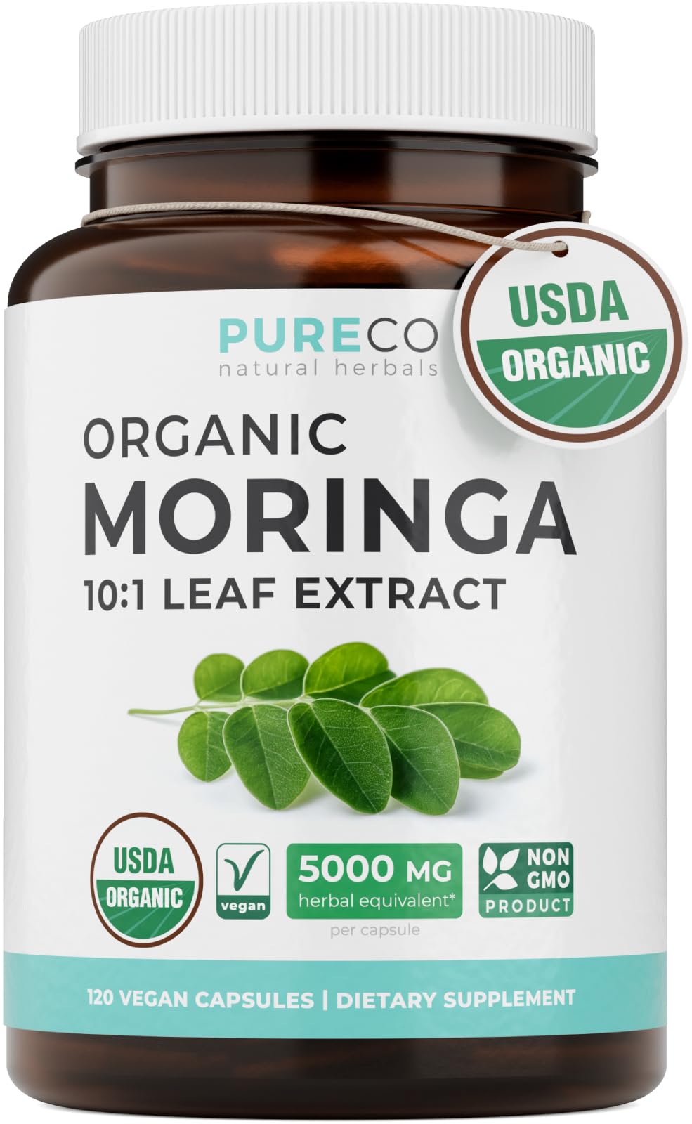 USDA Organic Moringa Capsules - High Potency Organic Moringa 500mg Extract 10:1 Per 1 Capsule Serving - Nutrient Dense Green Superfood Antioxidant PURE CO