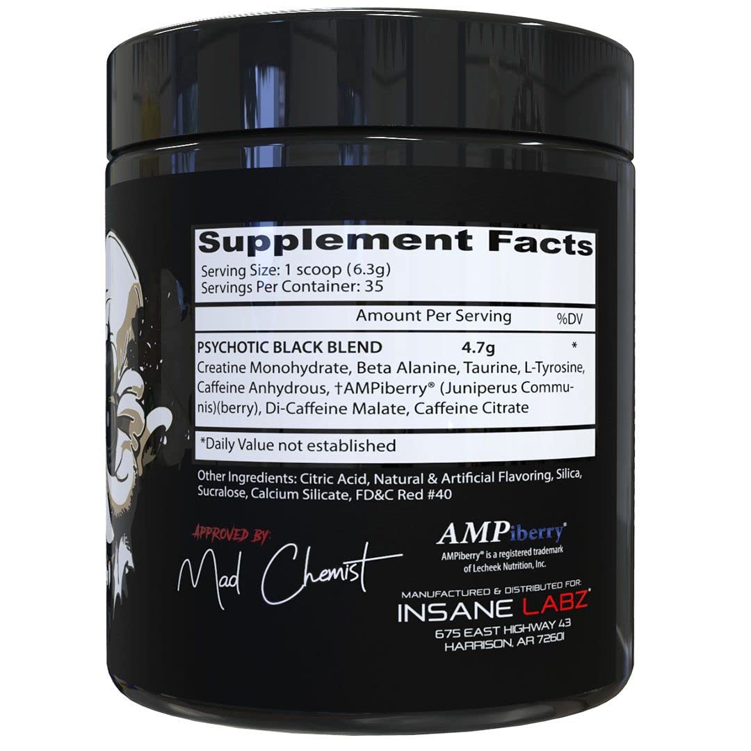 Insane Labz Psychotic Black Edition Mid Stimulant Pre Workout Powder, Energy Focus Pumps, Loaded with Creatine Beta Alanine Taurine Fueled by AMPiberry, 35 Servings (Blue Raspberry)