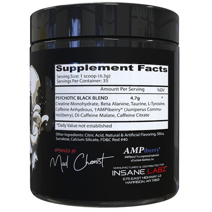 Insane Labz Psychotic Black Edition Mid Stimulant Pre Workout Powder, Energy Focus Pumps, Loaded with Creatine Beta Alanine Taurine Fueled by AMPiberry, 35 Servings (Blue Raspberry)
