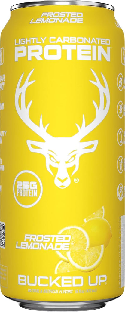 Bucked Up Lightly Carbonated Protein Soda | 25g Whey Isolate - Zero Sugar, Low Calorie, Caffeine Free, Clean Drink | Sparkling Protein Soda - 12 Pack, 16 oz Cans (Frosted Lemonade)