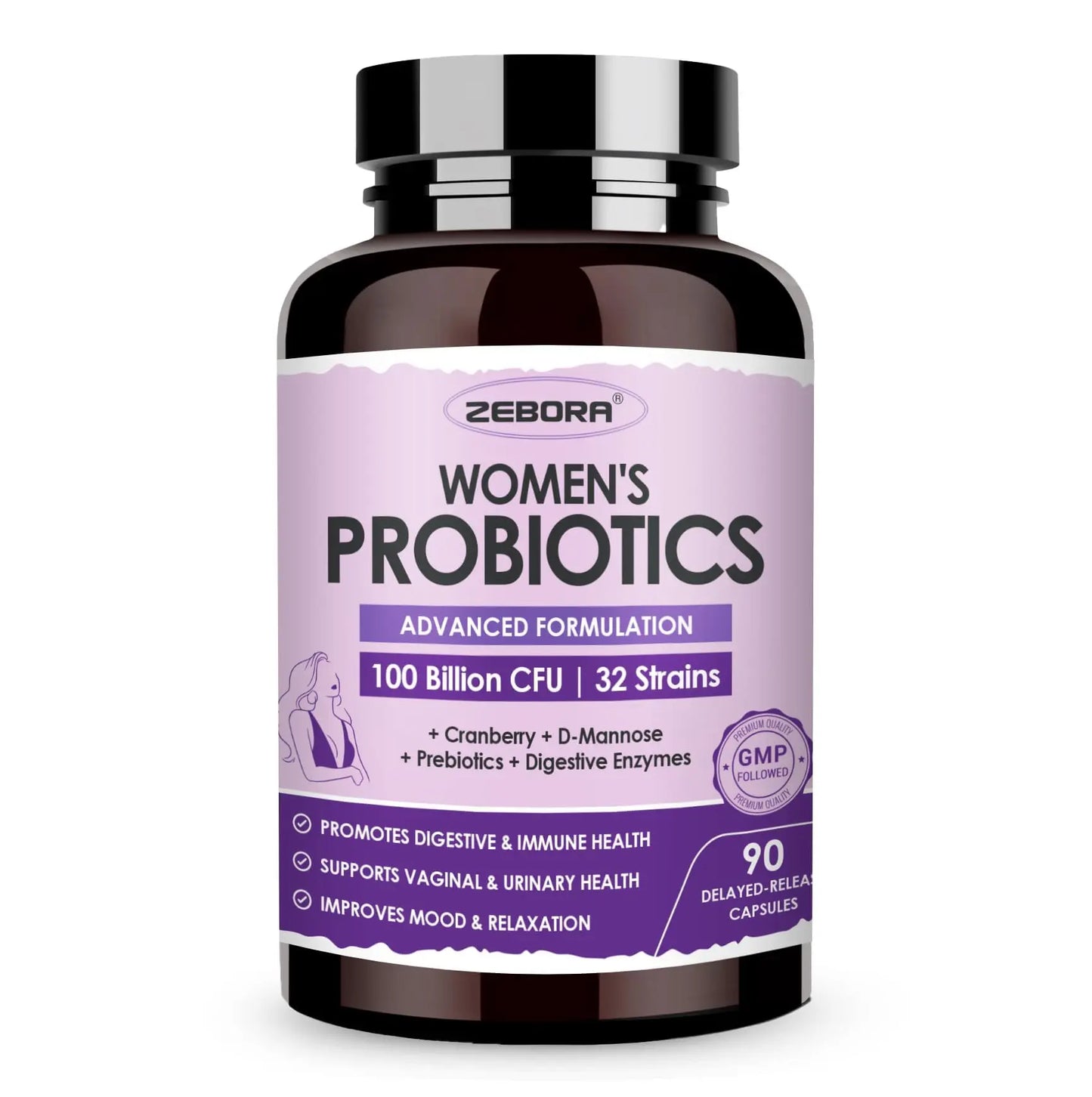ZEBORA Probiotics for Women Digestive Health with Enzymes & Prebiotics 100 Billion CFUs| Vaginal Probiotics with D Mannose & Cranberry | Urinary Tract Health ZEBORA