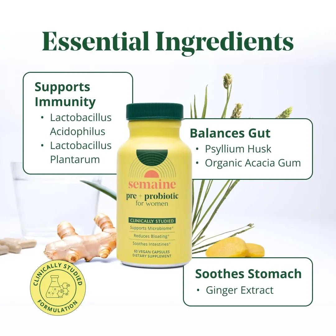 Semaine Super Powered Prebiotic + Probiotic for Women, Effective 3-in-1 Multi-Action Formula to Nourish Gut Health, Soothe IBS, Support Bloat Relief Semaine