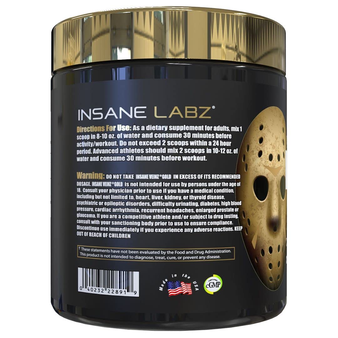 Insane Labz Insane Veinz Gold, Nitric Oxide Non Stimulant pre Workout Powder, Loaded with Hydromax, Nitrosigine, Increases Vascularity and Blood Flow, 30 Srvgs, Grape