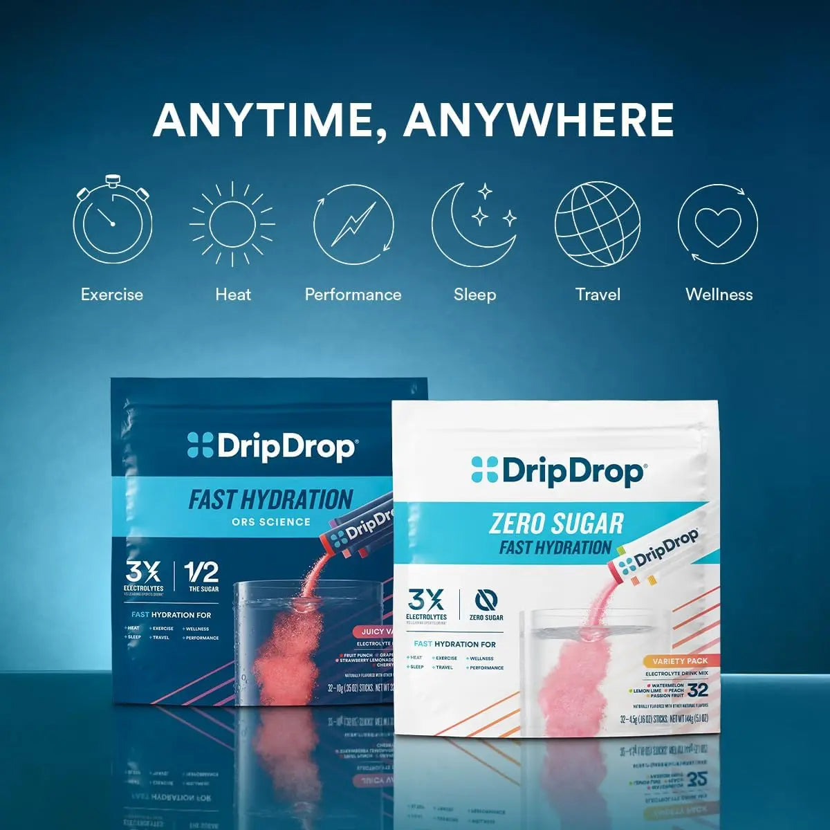 DripDrop Hydration Packets - Juicy Variety Pack - Single Serve Electrolytes Powder Drink Mix - Grape, Fruit Punch, Strawberry Lemonade, Cherry DripDrop