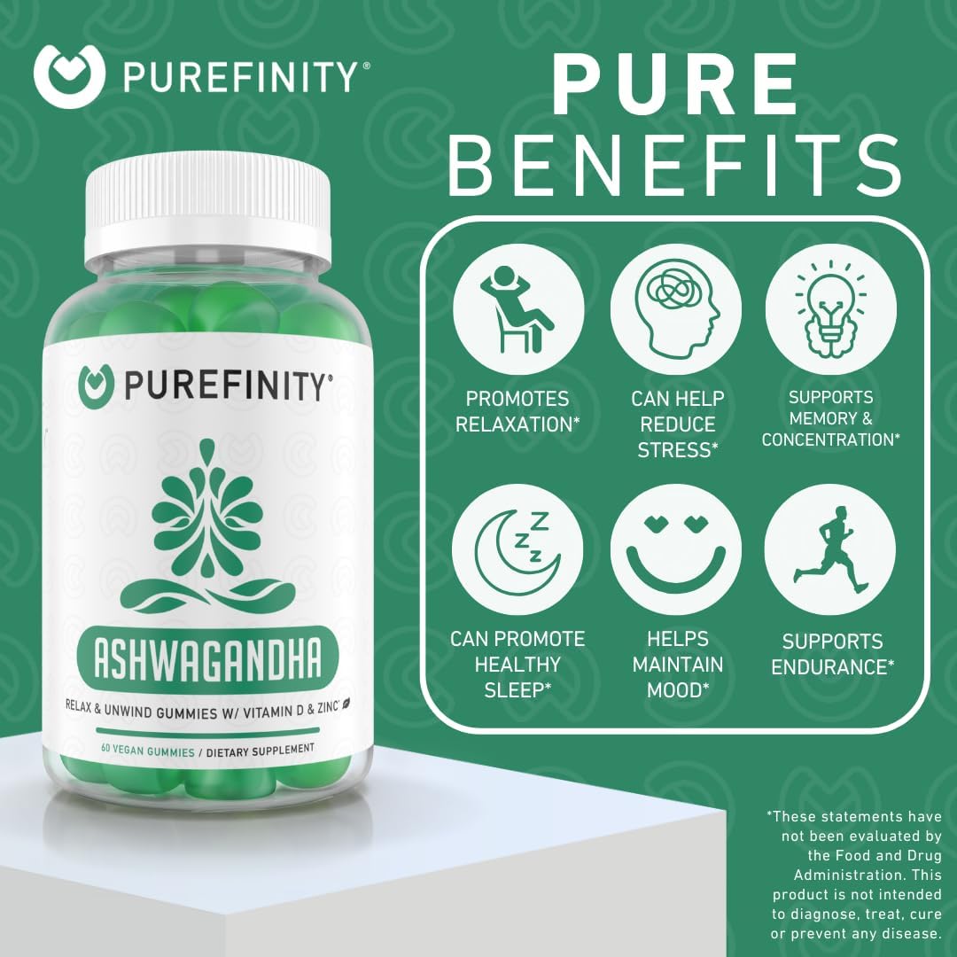 PUREFINITY Ashwagandha Gummies with Vitamin D & Zinc – Supplement for Relaxation, Calming, and Mood Support – Gluten Free, Non-GMO, Vegan, 60 Count