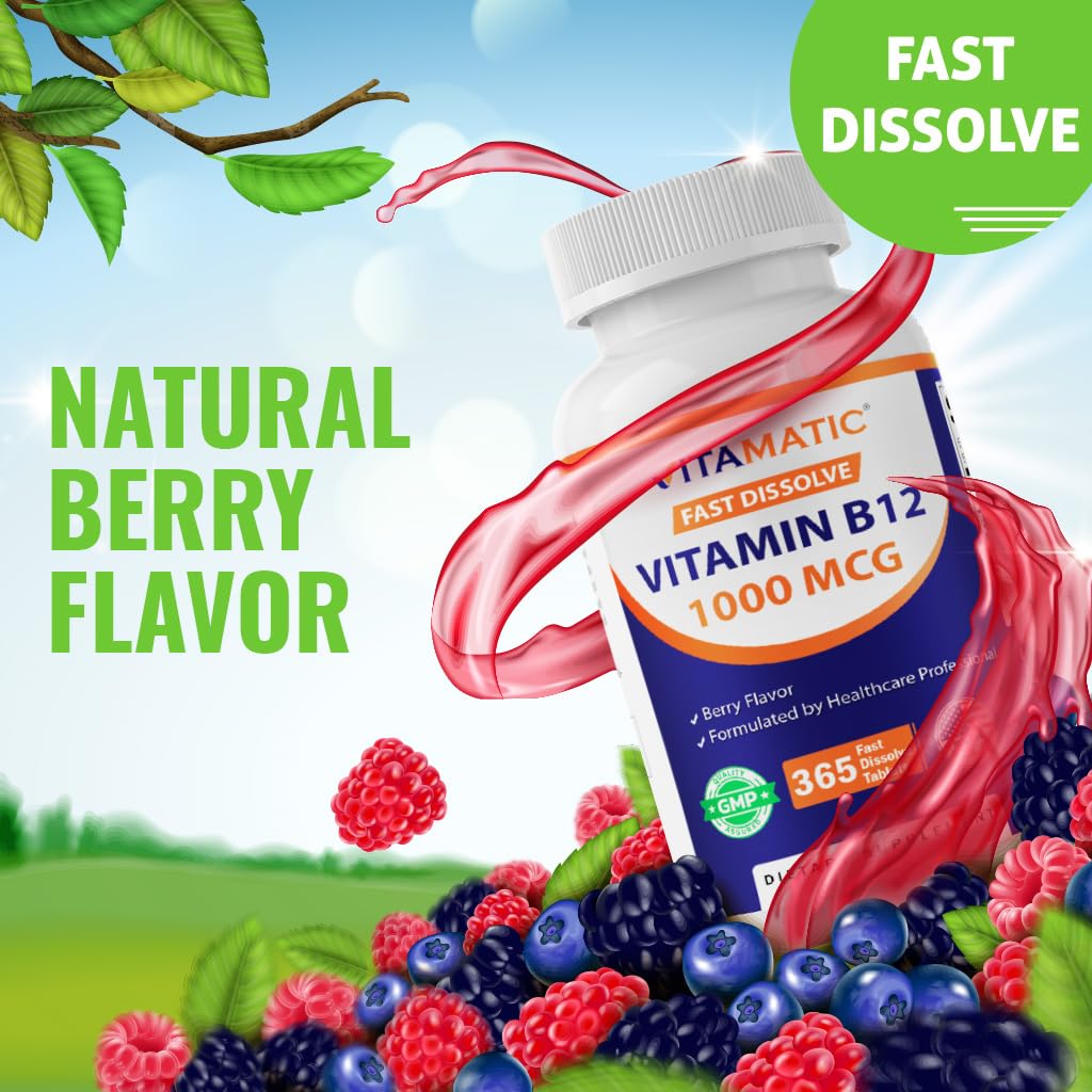 Vitamatic Vitamin B12 1000 mcg Fast Dissolve – 365 Tablets – Natural Berry Flavor – Supports Energy Metabolism Vitamatic