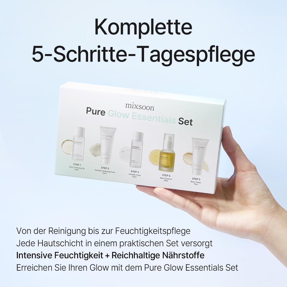 mixsoon Pure Glow Essentials Set - 5-Step Skincare Kit - Travel kit, Travel size kit, Hydrating Skincare Gift Set (15ml*1+20ml*3+30ml*1) Korean Glass Skin Care mixsoon