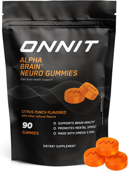 ONNIT Alpha Brain Neuro Focus Gummies, IGEN Non-GMO Tested Vegan Gummies with Omega-3s Lutein Zeaxanthin and Caffeine, Brain Eye and Focus Supplement for Men and Women, Citrus Punch, 90 Count