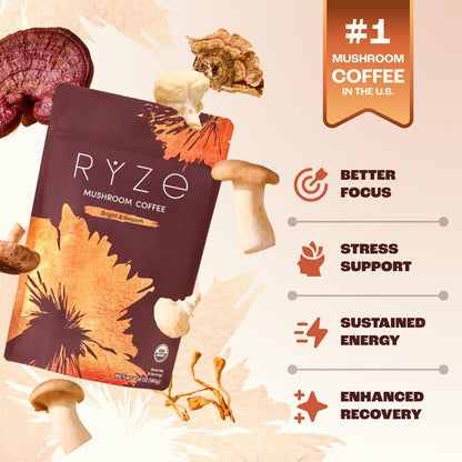 RYZE SUPERFOODS Mushroom Medium Roast Coffee USDA Organic with 6 Adaptogenic Mushrooms, USA Grown Instant Coffee for Better Energy RYZE SUPERFOODS