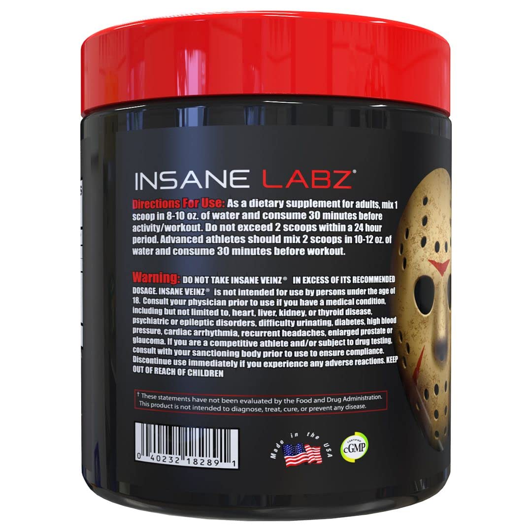 Insane Labz Insane Veinz Non Stimulant NO Enhancing Powder, Nitric Oxide Booster, Loaded with Agmatine Sulfate and Betaine Anhydrous, Increase Vascularity, 35 Srvgs, Fruit Punch