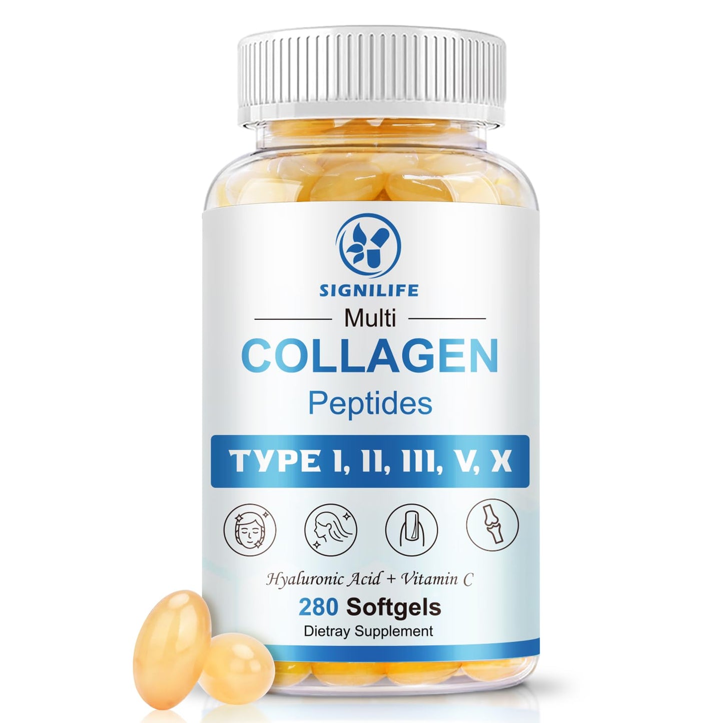 SIGNILIFE Multi Collagen Peptides for Women & Men, Hydrolyzed Collagen Peptides-Type I, II, III, V, X - with Hyaluronic Acid,Vitamin C,Biotin SIGNILIFE