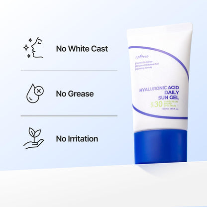 ISNTREE Hyaluronic Acid Daily Sun Gel SPF 30 | Korean Face Sunscreen with Hyaluronic Acid | Lightweight, Moisturizing Daily Sunscreen, No White Cast, 1.69 fl oz IsNtree