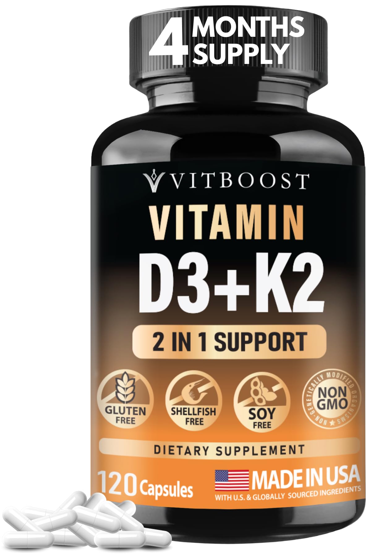 VITBOOST Vitamin D3 K2 Complex - Easy to Swallow - Vitamin D (D3) 5000 IU (125 mcg) & K2(MK-7) 90 mcg | Non-GMO | Gluten-Free VITBOOST