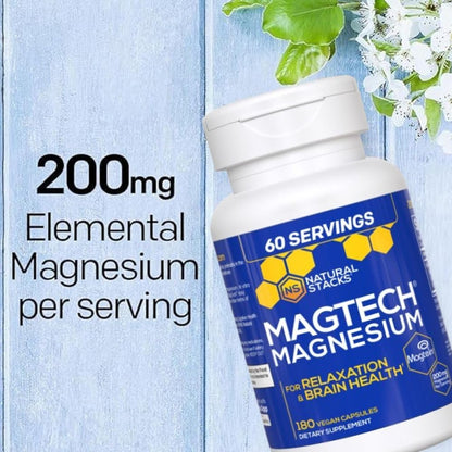MagTech Magnesium Supplement - 3 Forms of Magnesium: Magtein L-Threonate, Glycinate & Taurate - 200mg Chelated Magnesium Complex NATURAL STACKS