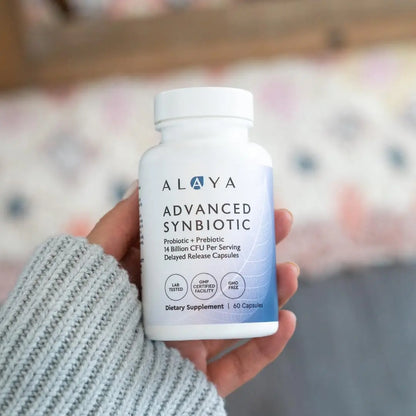 Alaya Naturals Advanced Synbiotic - Probiotic + Prebiotic - 14 Billion CFU Delayed Release Probiotic Supplement with Prebiotics from Sunfiber®, and L-glutamine for Gut Lining Integrity - 60 Capsules Alaya Naturals