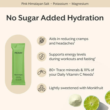ProMix Nutrition Electrolytes Powder Hydration Packets - Himalayan Pink Salt, Magnesium, Potassium, Vitamin C - Lemon Lime, Lightly Sweetened ProMix Nutrition