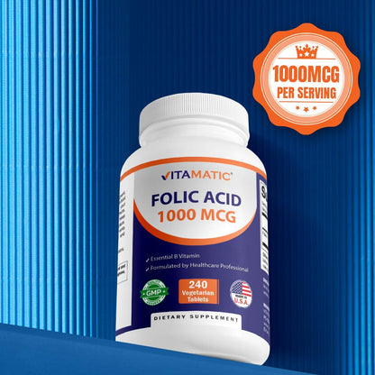 Vitamatic Folic Acid 1000 mcg (1 mg) - Vegetarian Tablets - 1667 mcg DFE - Vitamin B9 (240 Count (Pack of 1)) Vitamatic