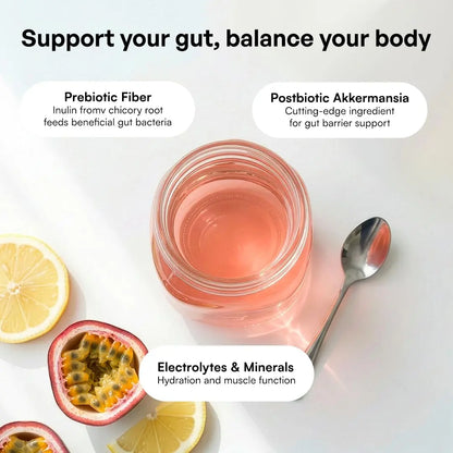 KEY NUTRIENTS Gut Health Hydration – Passionfruit Lemonade, Fiber Supplement with 3g Prebiotic Fiber & Akkermansia Probiotics for Women and Men KEY NUTRIENTS
