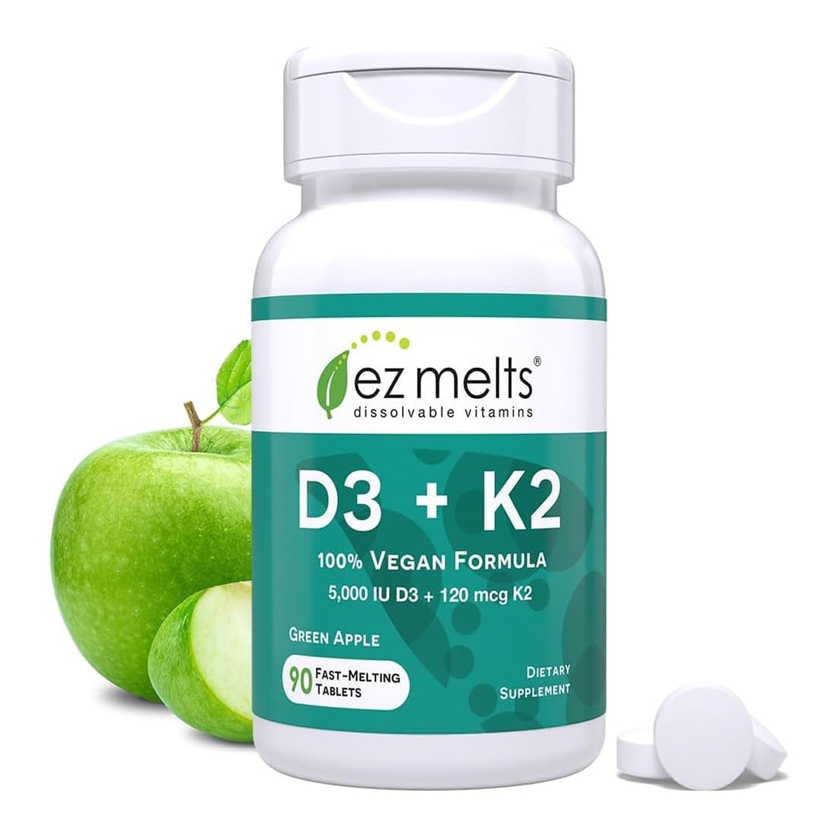 EZ Melts Dissolvable Vegan Vitamin D3 + K2 5,000 IU - Bone & Heart Health Support - Immune Function Support - No Artificial Flavors - Non-GMO - Green Apple EZ Melts