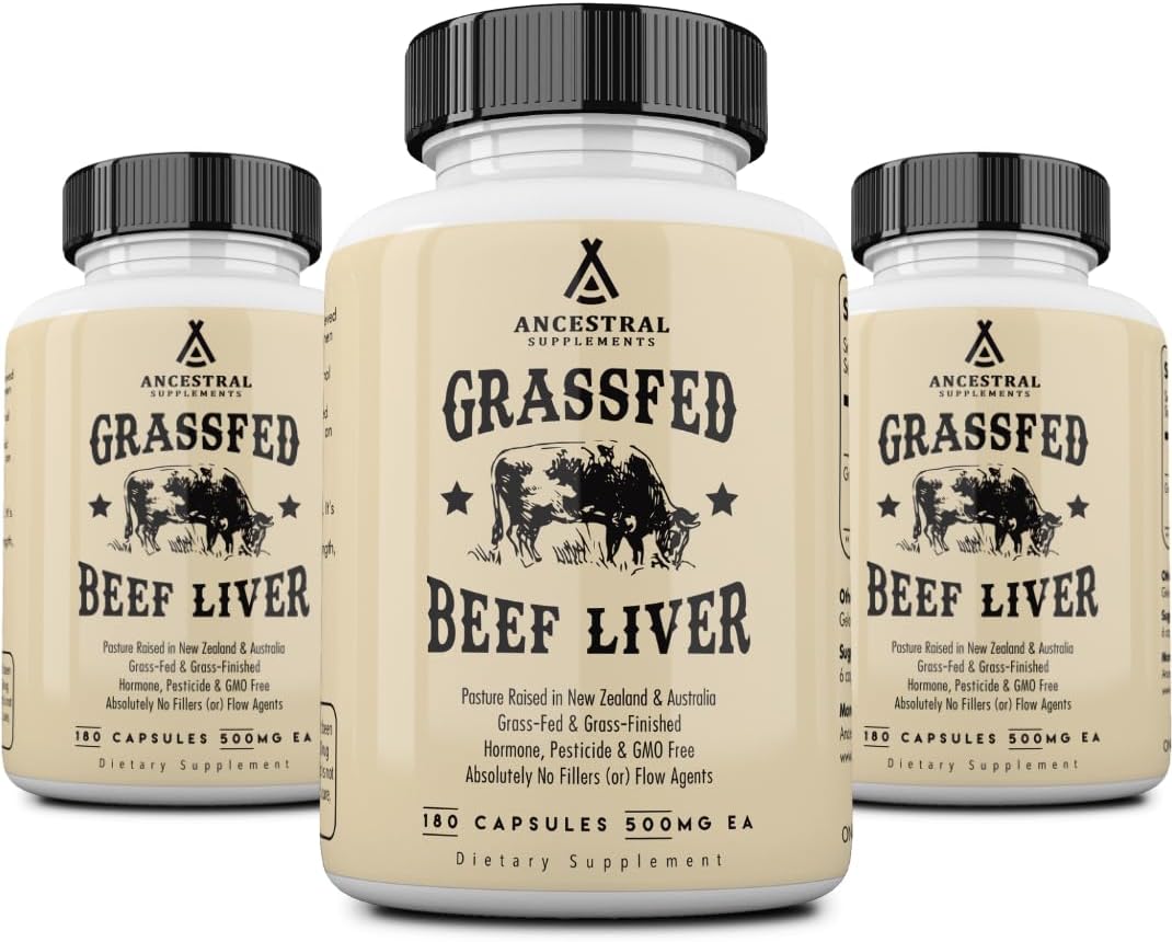 Ancestral Supplements Grass Fed Beef Liver Capsules, Supports Energy Production, Cleansing, Digestion, Immunity and Body Wellness, Non GMO, Freeze Dried Liver Support, 180 Capsules Bottle (3 Pack)