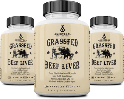 Ancestral Supplements Grass Fed Beef Liver Capsules, Supports Energy Production, Cleansing, Digestion, Immunity and Body Wellness, Non GMO, Freeze Dried Liver Support, 180 Capsules Bottle (3 Pack)