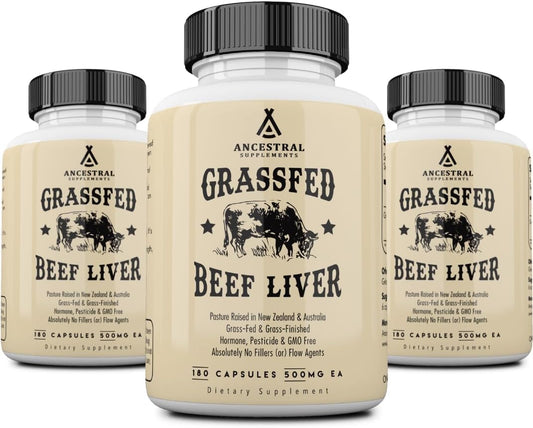 Ancestral Supplements Grass Fed Beef Liver Capsules, Supports Energy Production, Cleansing, Digestion, Immunity and Body Wellness, Non GMO, Freeze Dried Liver Support, 180 Capsules Bottle (3 Pack)