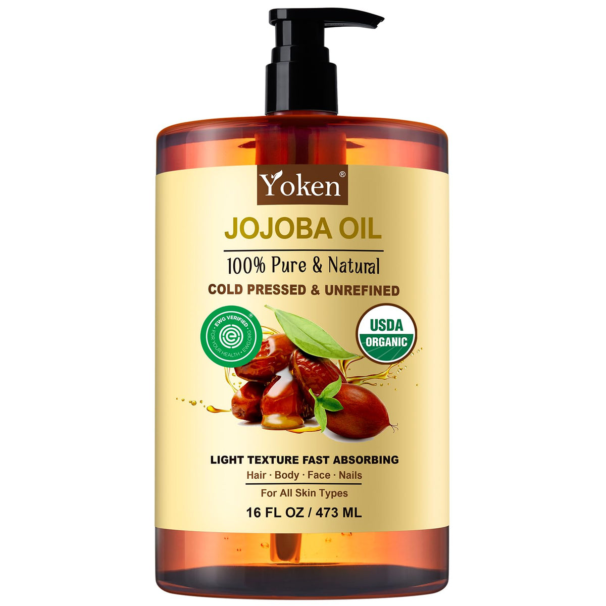 Yoken Organic Jojoba Oil 16oz, USDA Certified Cold Pressed for Skin Care Yoken