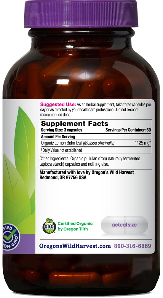 Oregon's Wild Harvest, Certified Organic Lemon Balm, Herbal Supplement Vegan Supplement, 1125 MGS, 90 Count… Gsupps Australia
