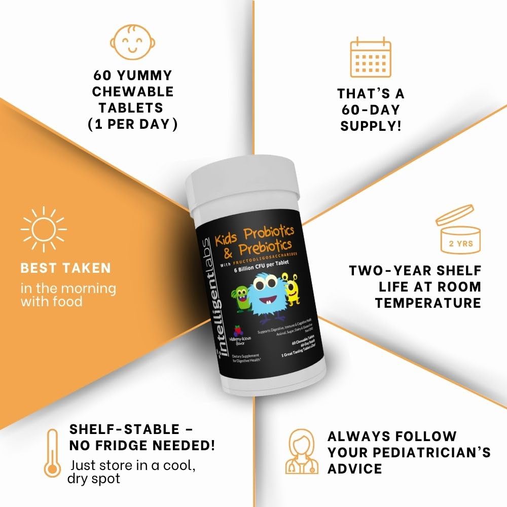 Intelligent Labs Kids/Children Probiotics 6 Billion CFU with Prebiotics, PHGG & FOS, Once-Daily Chewable, Great Taste, 10x Effectiveness Intelligent Labs
