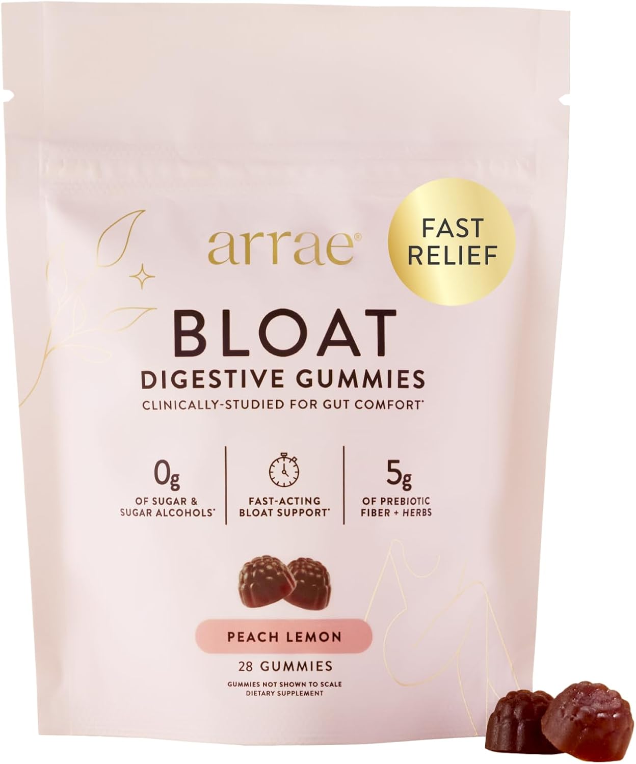 Arrae Bloat Gummies - Sugar-Free Debloat Gummies - Prebiotic Fiber - Peach Lemon Flavor - 60 Count