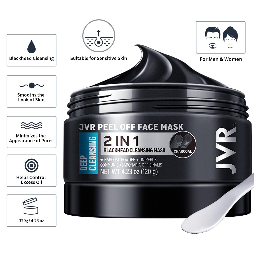 JVR Peel Off Face Mask, Blackhead Mask for Men, Charcoal Peel Off Black Mask, Facial Mask Refreshing and Deep Cleansing for All Skin Types 4.23 OZ JVR