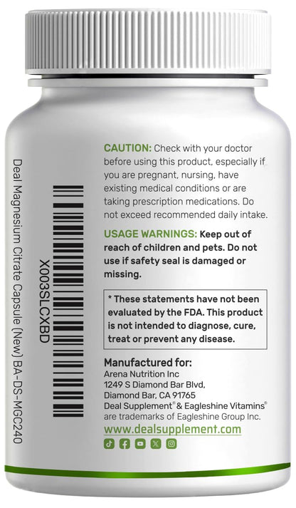 DEAL SUPPLEMENT Magnesium Citrate 500mg, 240 Capsules | Easily Absorbed, Purified Trace Mineral – One a Day, Non-GMO DEAL SUPPLEMENT