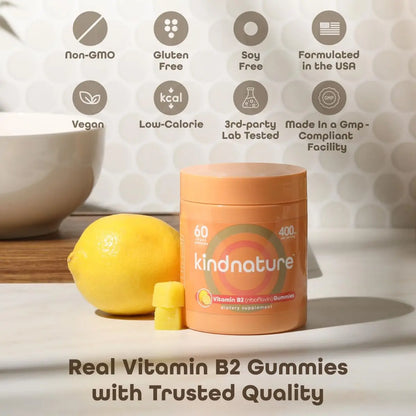 kindnature Vitamin B2 Gummies - Riboflavin 400mg Supplement for Kids & Adults - Non-GMO, Soy & Gluten-Free, Vegan Chewable Gummies (30 Day Supply) (2) kindnature