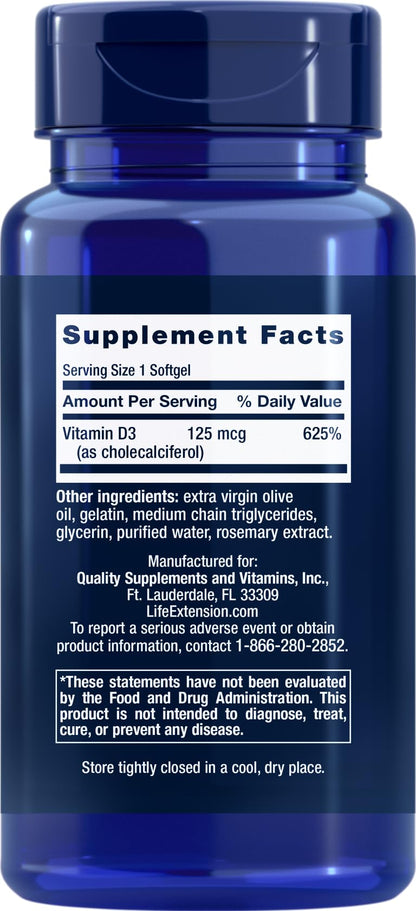 Life Extension Vitamin D3 5000 IU, 120 Softgels, 125mcg Life Extension