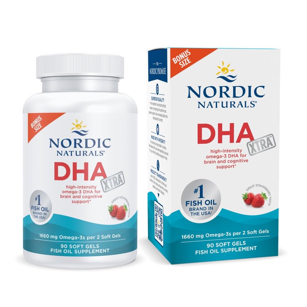 Nordic Naturals DHA Xtra, Strawberry - 90 Soft Gels - 1660 mg Omega-3 - High-Intensity DHA Formula for Brain & Nervous System Support Nordic Naturals