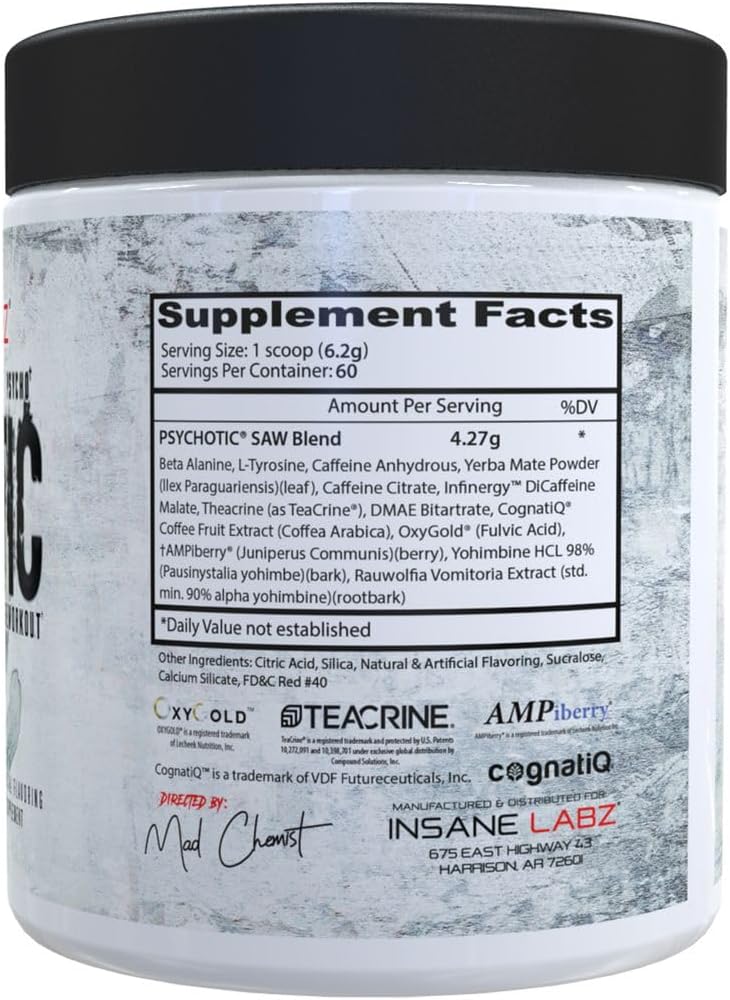 Insane Labz Psychotic Saw, High Stim Pre Workout Powder with OxyGold™ and AMPiberry®,Extreme Lasting Energy with Teacrine®,Focus with CognitIQ® and Endurance (60 Servings, Watermelon)
