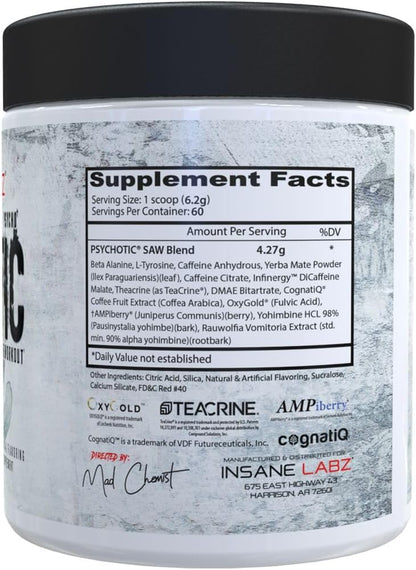 Insane Labz Psychotic Saw, High Stim Pre Workout Powder with OxyGold™ and AMPiberry®,Extreme Lasting Energy with Teacrine®,Focus with CognitIQ® and Endurance (60 Servings, Watermelon)
