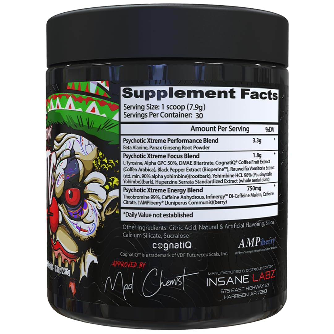 Insane Labz Psychotic Xtreme, High Stimulant Pre Workout Powder, Extreme Lasting Energy, Focus and Endurance with Beta Alanine, Panax Ginseng, Theobromine, DMAE (30 Servings, Fruit Punch)