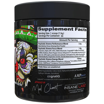 Insane Labz Psychotic Xtreme, High Stimulant Pre Workout Powder, Extreme Lasting Energy, Focus and Endurance with Beta Alanine, Panax Ginseng, Theobromine, DMAE (30 Servings, Fruit Punch)
