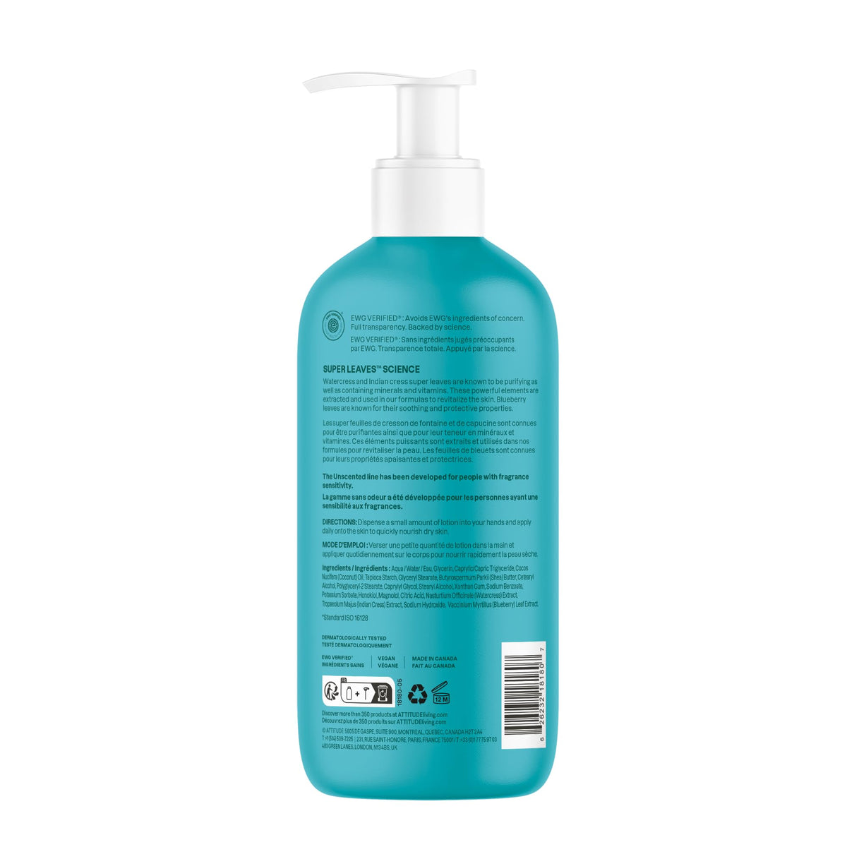 ATTITUDE Body Lotion, EWG Verified Moisturizer, Vegan Skin Care Products, Non-Greasy, Hydrating for Dry Skin, Cruelty Free, Extra Gentle, Unscented, 16 Fl Oz BIO SPECTRA ATTITUDE