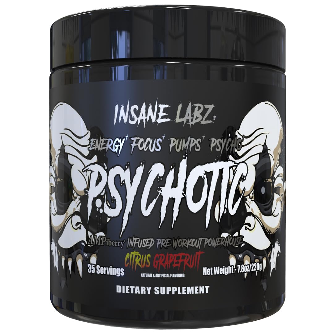 Insane Labz Psychotic Black Edition Mid Stimulant Pre Workout Powder, Energy Focus Pumps, Loaded with Creatine Beta Alanine Taurine Fueled by AMPiberry, 35 Servings (Blue Raspberry)