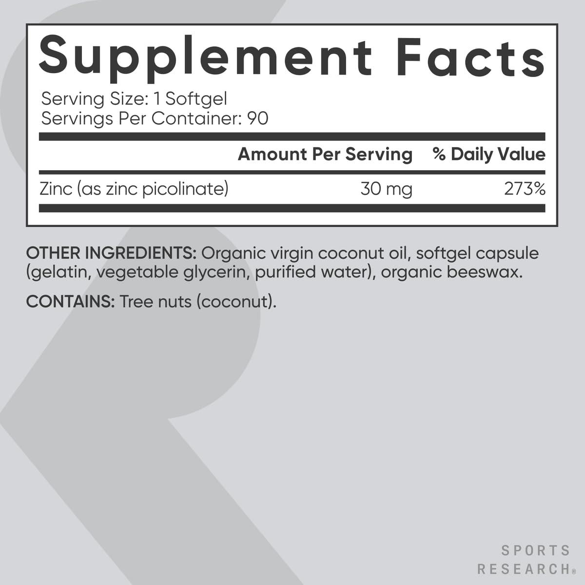 Sports Research High Potency Zinc Picolinate 30mg with Organic Coconut Oil | Highly Absorbable Zinc Supplement for Healthy Immune & Enzyme Function Sports Research