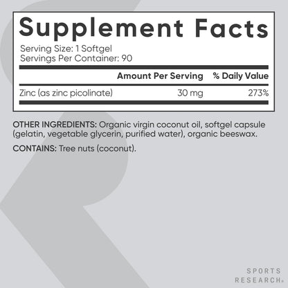 Sports Research High Potency Zinc Picolinate 30mg with Organic Coconut Oil | Highly Absorbable Zinc Supplement for Healthy Immune & Enzyme Function Sports Research