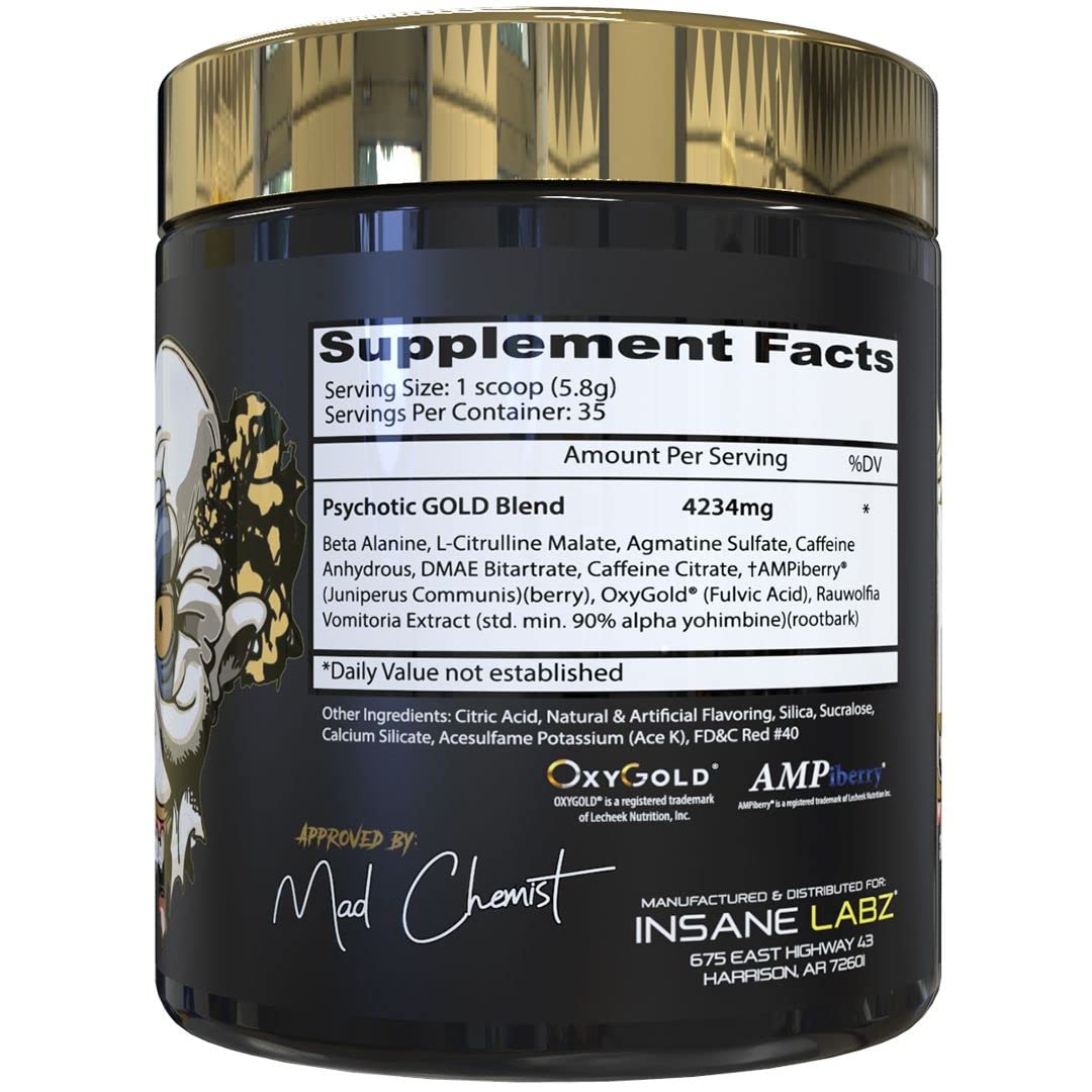Insane Labz Psychotic Gold and Insane Veinz Gold Pre Workout Nitric Oxide Booster Stack, Increase Muscle Mass, Vascularity, Strength, Energy, Focus, Fruit Punch